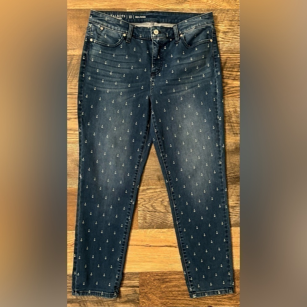 Talbots Flawless Blue Slim Ankle Anchor Nautical Stretch Mid Rise Denim Size 10